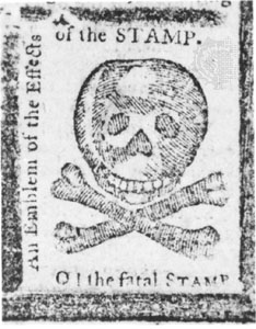 A satirical representation of the 1765 tax stamp widely circulated in the American colonies. 