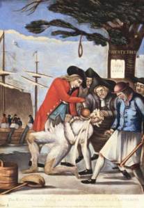 A contemporary portrayal of Boston rioters protesting the Stamp Act. 